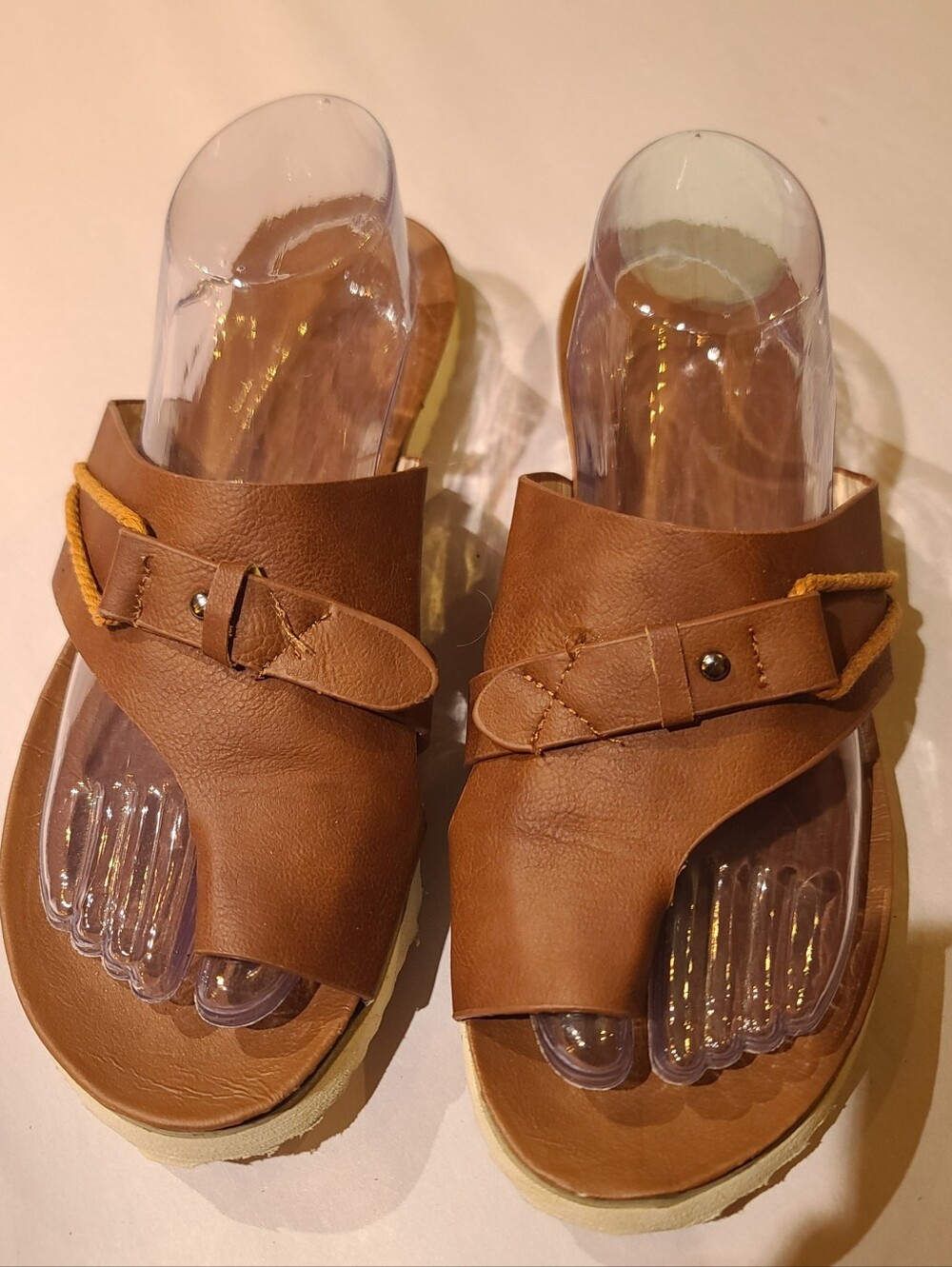 Women’s Brown Faux Leather Slide Sandals Slip-On Buckle Strappy Flat Sz 10